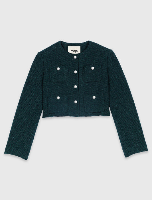 Tweed jacket with fringe trim Bottle Green
