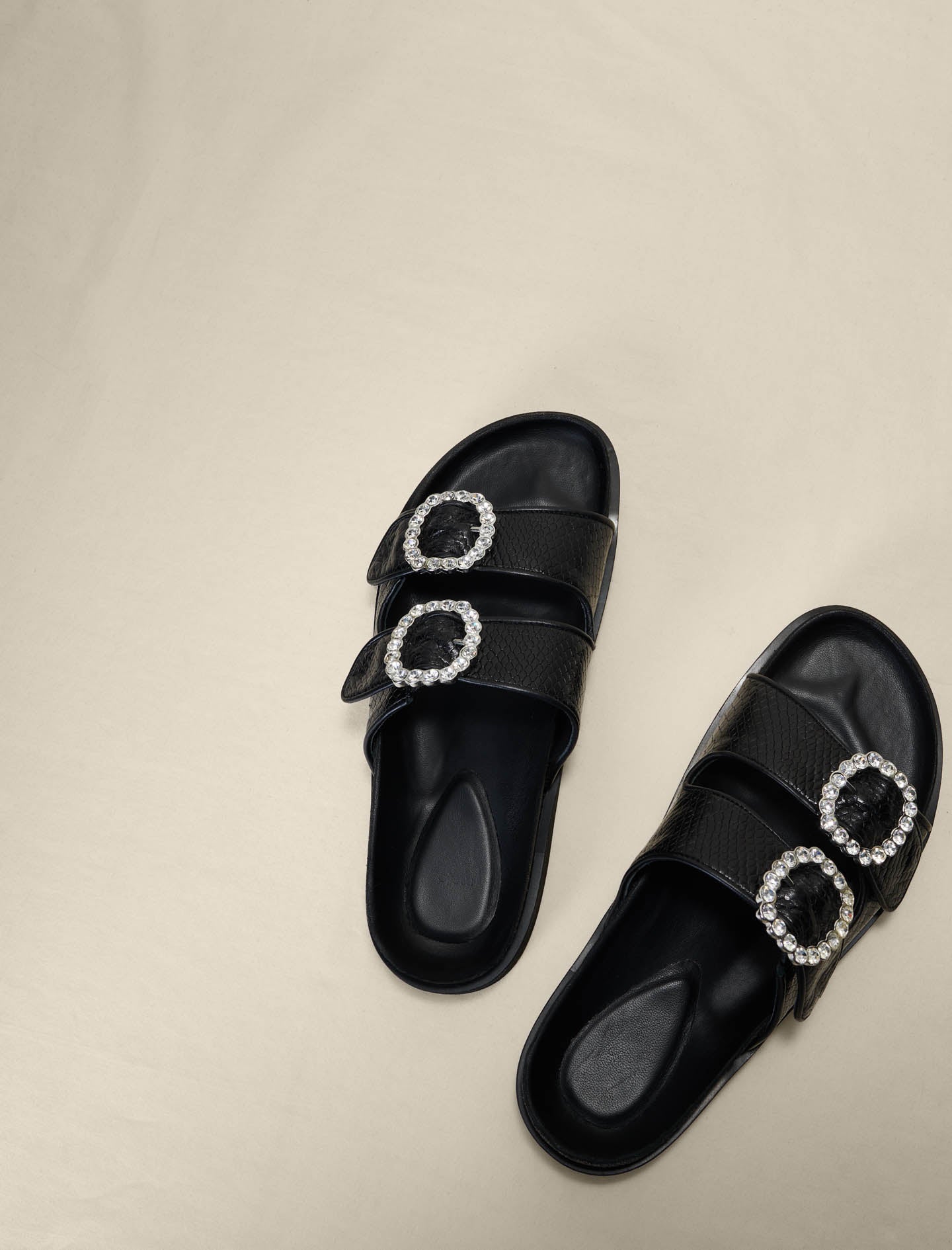 Black featured SANDALS WITH RHINESTONE BUCKLES
