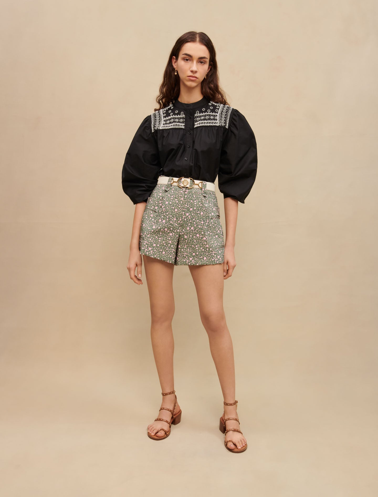 Khaki Rose Buttons Printed featured ROSEBUD-PRINT SHORTS